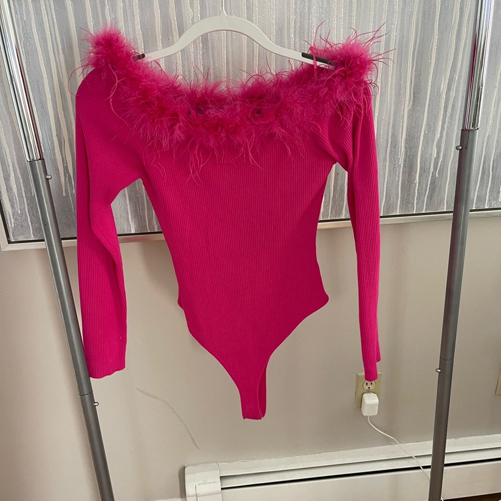 Hot Pink Feather Off the Shoulder Body Suit